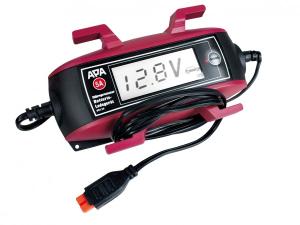 Batterieladegerät, Mikroprozessor, 180 x 80 x 45 mm, für 6/12 V, 5 A, mit Polzangen, schwarz, rot